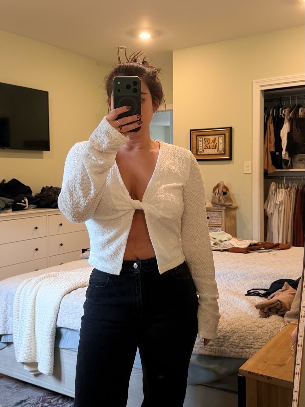 White Twist-Front Textured Long Sleeve Top